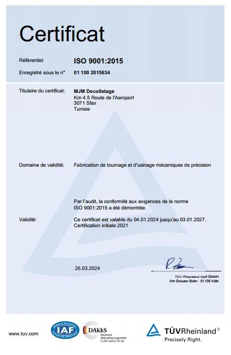 Certificat ISO 9001:2015 de MJM Décolletage